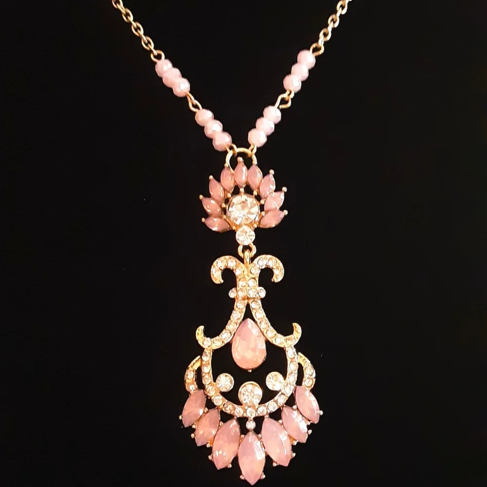 Hand Crafted Elegant Necklace Pink Gold 26" Chain Formal - Picture 2 of 3